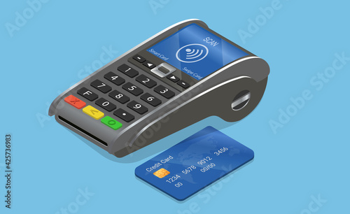 Electronic terminal or reader and paying or purchasing. Contactless payment system or technology. Concept of payment terminal, online banking, transfer money, contactless payment. Vector illustration.