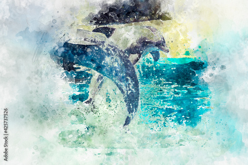 Watercolor, dolphin jump out of the water in sea