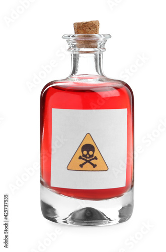 Glass bottle of poison with warning sign isolated on white