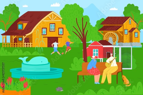 People old man woman with child character at cartoon village nature, vector illustration. Happy family outdoor house, grandmother and grandfather