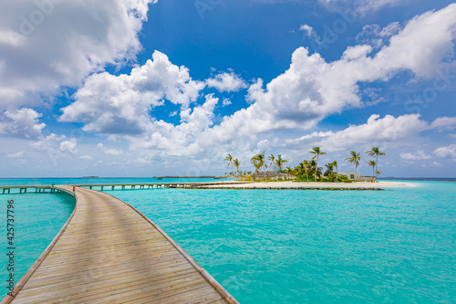 Maldives island, luxury water villas resort and wooden pier. Beautiful island under blue sky and clouds and beach background for summer vacation holiday and travel concept. Tropical hotel destination