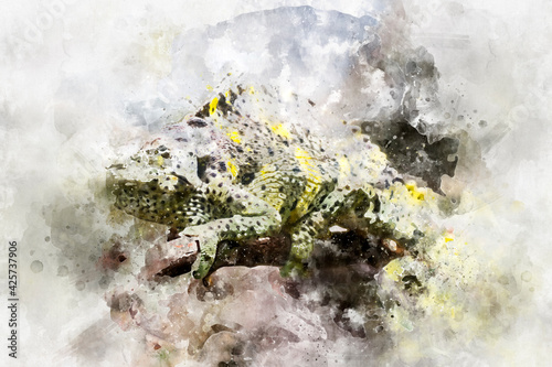 watercolor, chameleon, scaly lizard skin resting in the sun