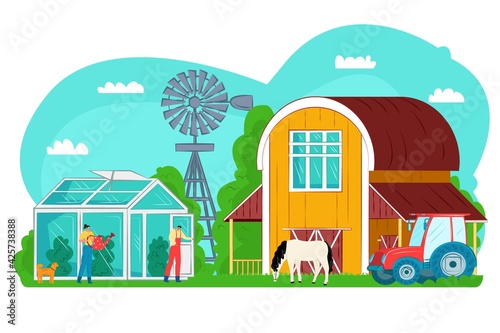Agriculture nature at farm, greenhouse vector illustration. Farmer man character work with green plant, flat harvest design. Cartoon building