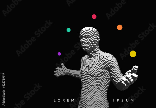 Man juggling multitasking. Creativity at work. Time to plan. Person considers many options choose best choice. Digital technology background. Voxel art. 3D vector illustration.