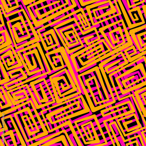 Neon vector seamless abstract pattern with swirling orange and pink stripes of different thickness on a black background