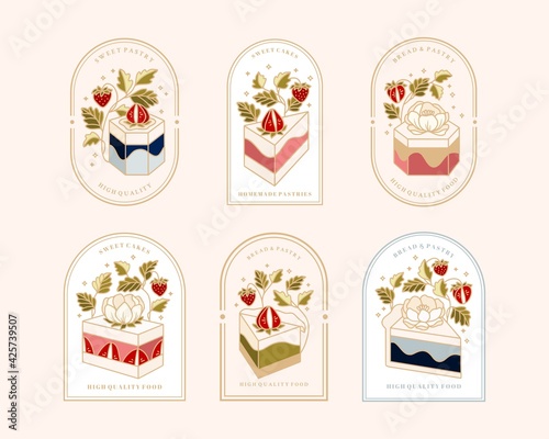 Collection of Vintage Cake Logo and Food Label with Strawberry, Frame, and Floral Elements