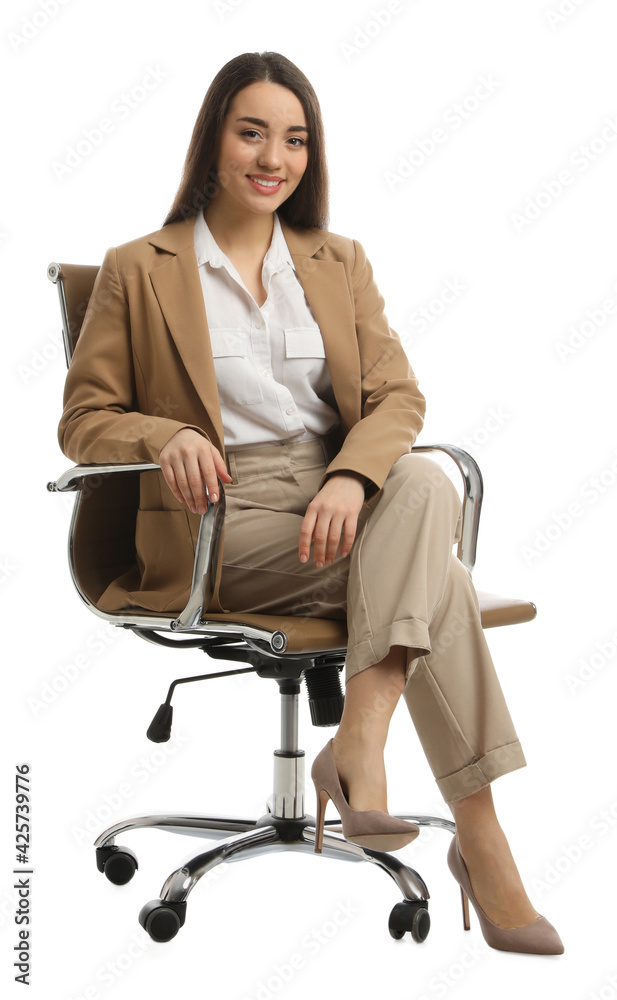 Young businesswoman sitting in comfortable office chair on white background Young businesswoman sitting in comfortable office chair on white background