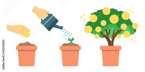 Step of planting money tree, start with dropping coin to the soil, watering it , finally it grows up and giving more golden coins. concept of investment.