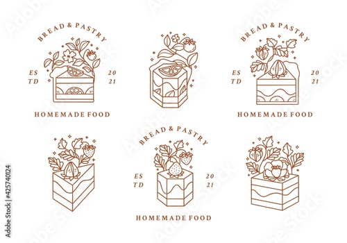 Set of hand drawn cake, pastry and bakery logo elements with flowers and strawberry isolated on white background