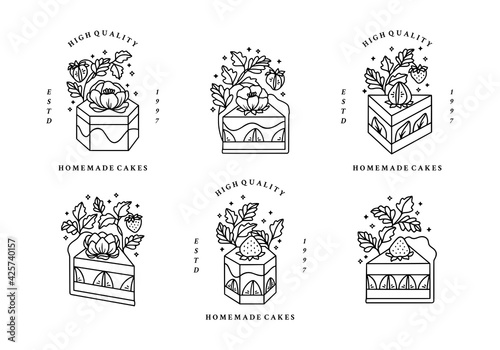 Set of hand drawn cake, pastry and bakery logo elements with flowers and strawberry isolated on white background