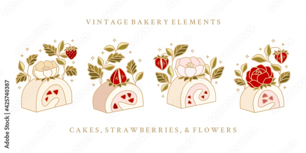 Set of cute hand drawn roll strawberry cheesecake with rose and peony flower elements for food logo or brand label Set of cute hand drawn roll strawberry cheesecake with rose and peony flower elements for food logo or brand label