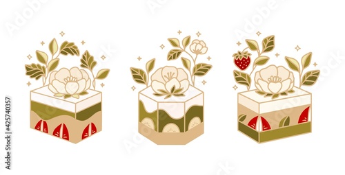 Collection of hand drawn green tea cakes, pastry, bakery element with peony flowers and strawberries for food logo or brand