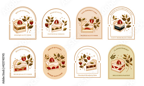 Collection of Vintage Cake Logo and Food Label with Strawberry, Frame, and Floral Elements