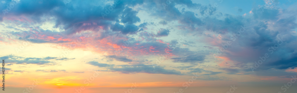 Panoramic view of  Sunset  Sunrise Sundown Sky with colorful clouds