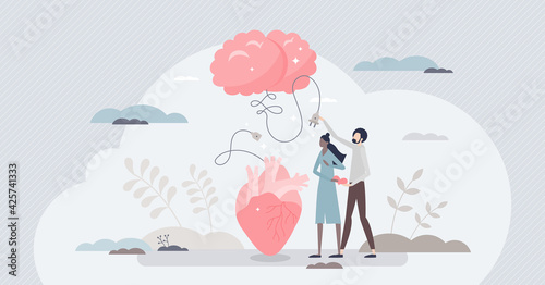 Mind heart connection as relationship logic and emotions tiny person concept