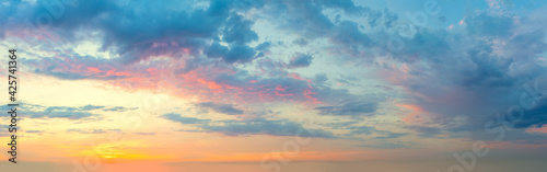 Panoramic view of Sunset Sunrise Sundown Sky with colorful clouds
