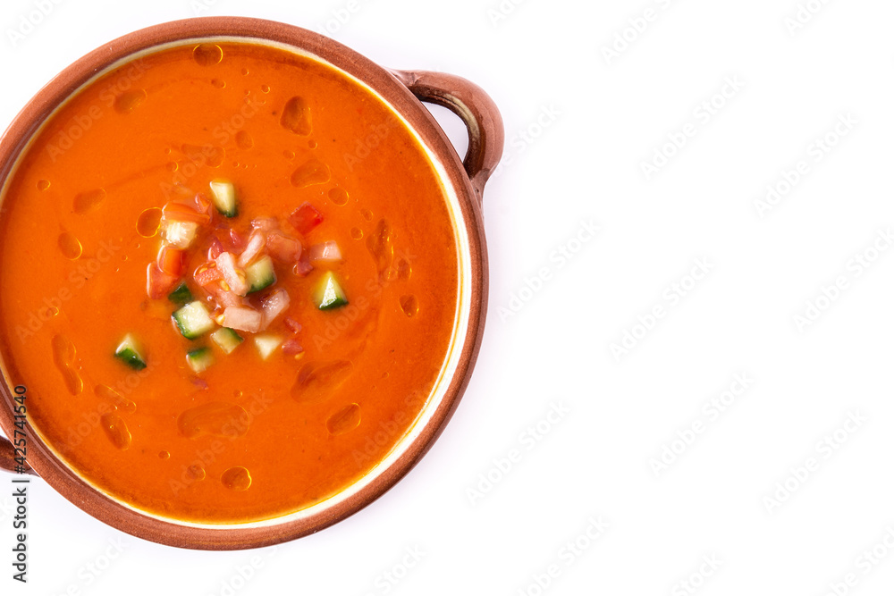 Gazpacho soup in crock pot isolated on white background. Copy space Gazpacho soup in crock pot isolated on white background. Copy space