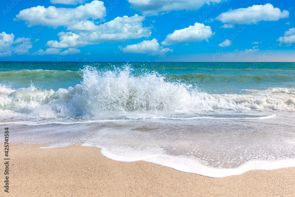 Summer vacation. Sea ocean waves with splash, happy day Summer vacation. Sea ocean waves with splash, happy day