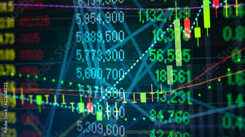Financial data in term of a digital prices on LED display. A number of daily market price and quotation of prices chart to represent candle stick tracking in Forex trading.	
