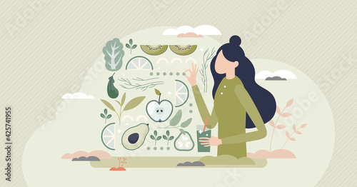 Detox as organic green vegetable or fruit smoothie shake tiny person concept