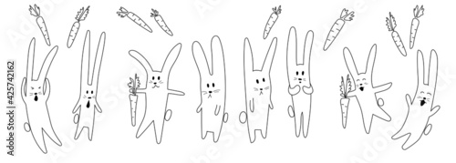 Black and white linear vector illustration. Eight funny, emotional rabbits and carrots. Coloring