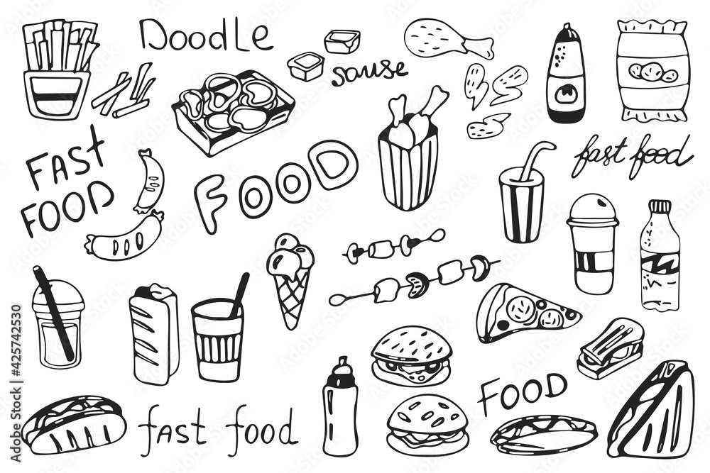 Hand drawn fast food doodle set. Fast food symbols and objects isolated on white background. Vector illustration