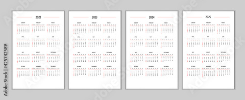 2022 2023 2024 2025 calendar set classic strict minimalist style. Monthly calendar minimalism restrained no-nonsense businesslike design for business notebook vertical format. Week starts on sunday