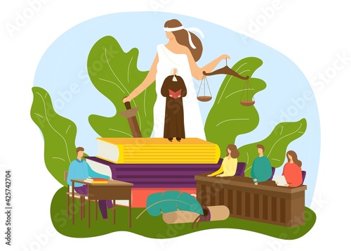 Law court with justice concept, vector illustration. Legal lawyer, judge, attorney work for people, crime judgment with scales design.