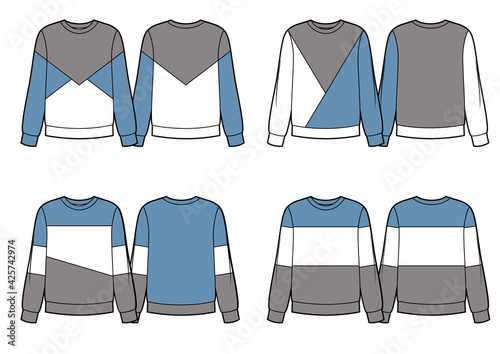 Set of different sweatshirt designs, blue, grey and white color blocks. Vector sketches
