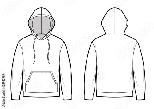 Blank Men's and Women's hoodies in front, back views. Kangaroo pocket on front