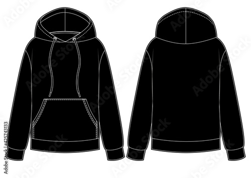 Black Men's and Women's hoodies in front, back views. Kangaroo pocket on front