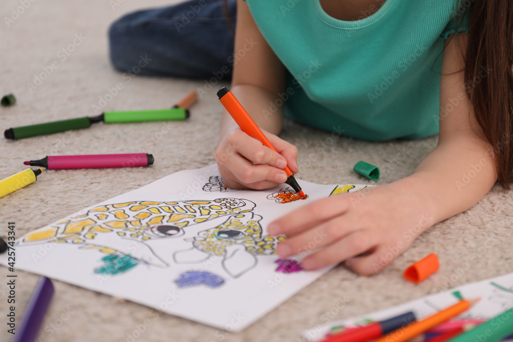 Child coloring drawing on floor at home, closeup - obrazy, fototapety, plakaty 