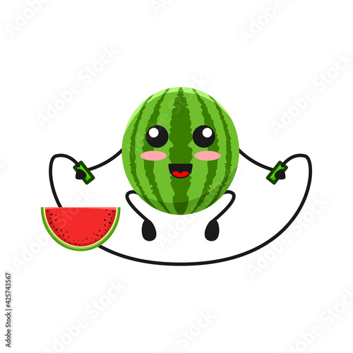 vector illustration of cute watermelon fruit sport or character play jump rope. cute watermelon fruit Concept White Isolated. Flat Cartoon Style Suitable for Landing Page, Banner, Flyer, Sticker.