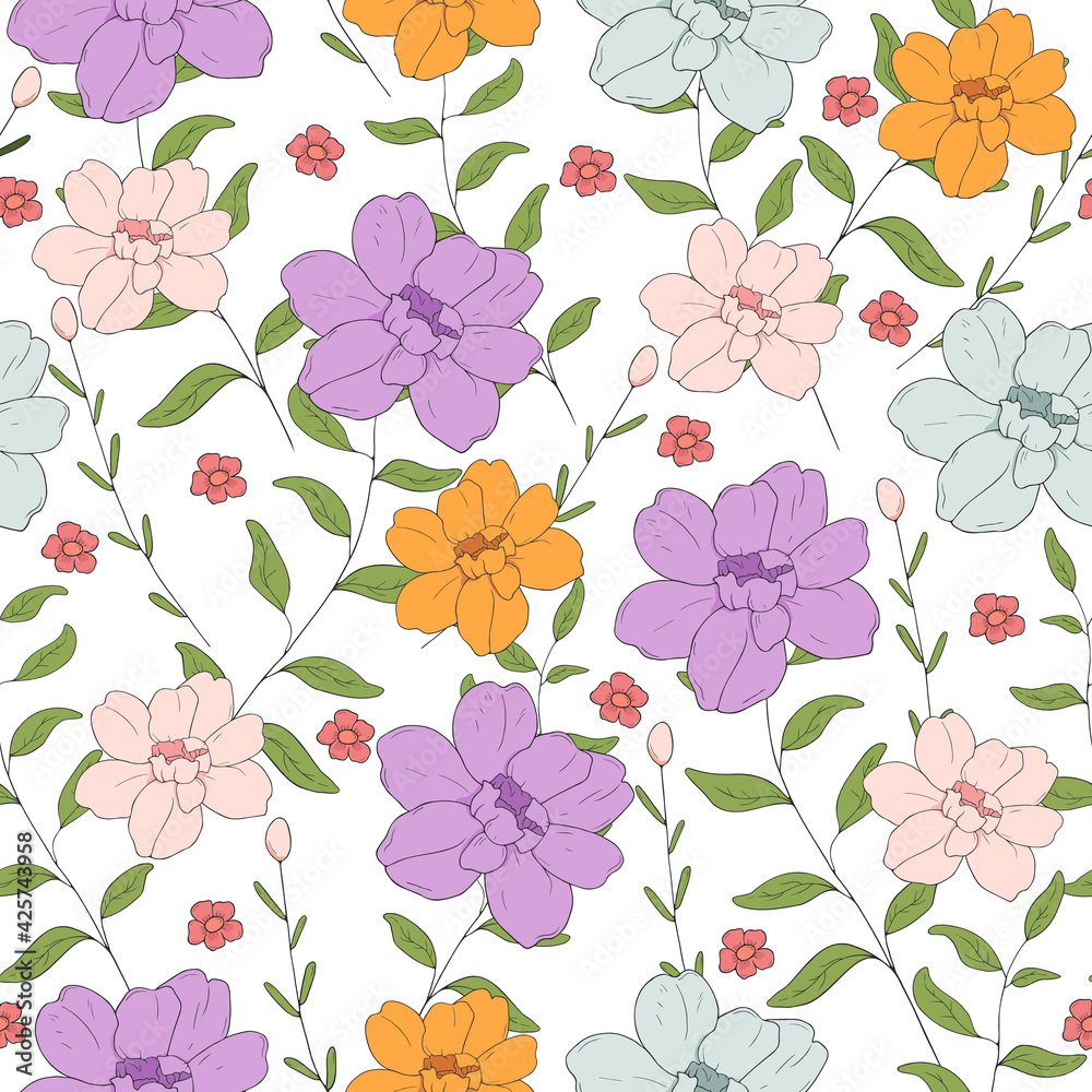 Floral seamless pattern for textile design, fashion, wallpaper. Hand drawn floral illustration. White background. Vector Illustration.	