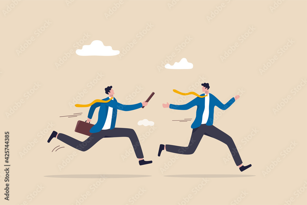 Business baton pass, relay, job handover or partnership and teamwork to help winning business concept, businessmen colleagues partner passing baton while running at full speed to achieve success.