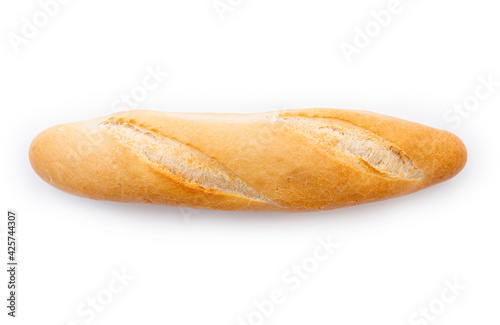 Baguette, French bread, loaf isolated on white. Small French bread, top view