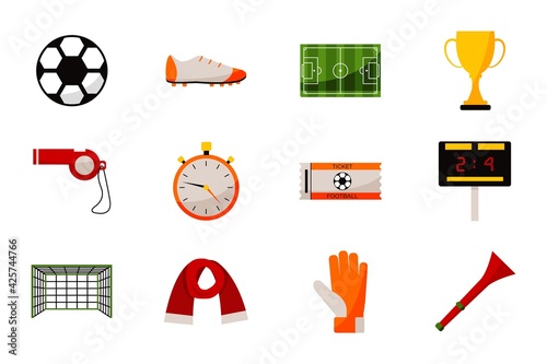 Soccer game equipment and football award icon set