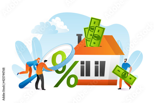 Mortgage loan with finance investment for apartment ownership concept, vector illustration. Man woman character look at percent sign