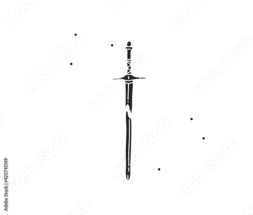 Hand drawn vector abstract stock flat graphic illustration with logo element of magic sword silhouette art in simple style for branding,isolated on white background