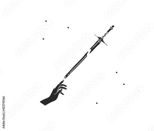 Hand drawn vector abstract stock flat graphic illustration with logo element of magic sword silhouette and human hand,art in simple style for branding,isolated on white background