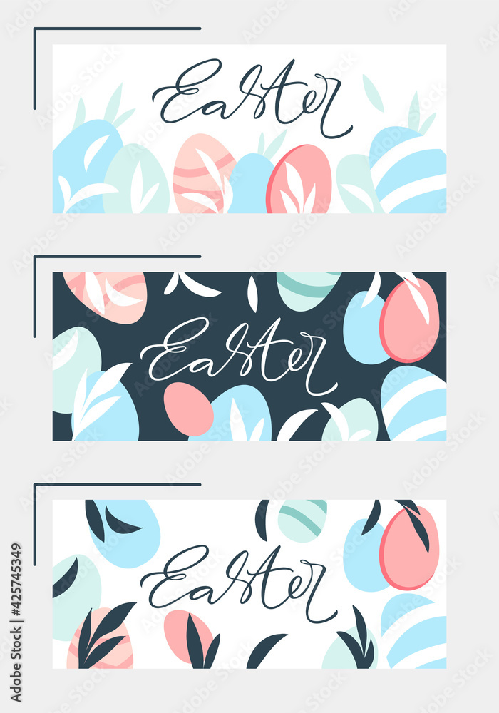 Naklejka premium Easter banner set with eggs and leaves. Happy Easter design with lettering in pastel colors.
