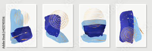 Creative minimalist hand painted Abstract art background with blue watercolor stain and Hand Drawn doodle golden color Scribble Circle. Design for wall decoration, postcard, poster or brochure.