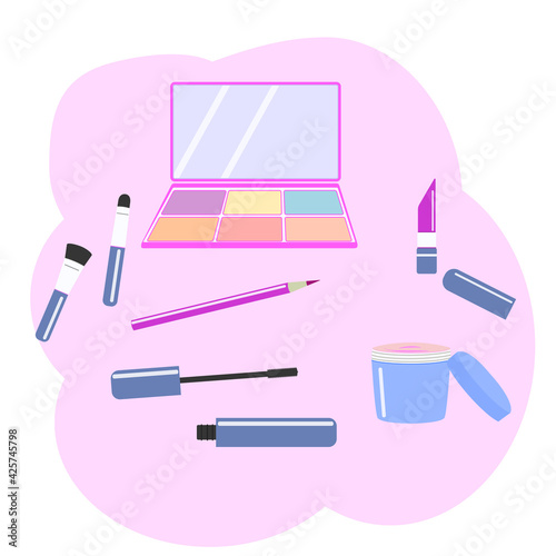 A set of cosmetics and makeup. Isolated vector color image on a pink background.