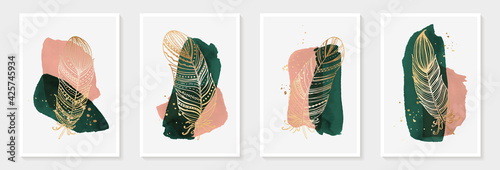 Creative minimalist hand painted Abstract art green and pink watercolor stain and Hand Drawn doodle golden color Scribble feather. Design for wall decoration, postcard, poster or brochure.