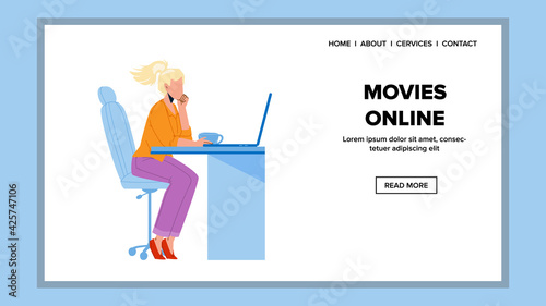 Movies Online Watch Girl On Laptop Screen Vector. Young Woman Sitting On Chair At Table Watching Film Movies Online On Computer. Character Leisure Time Web Flat Cartoon Illustration