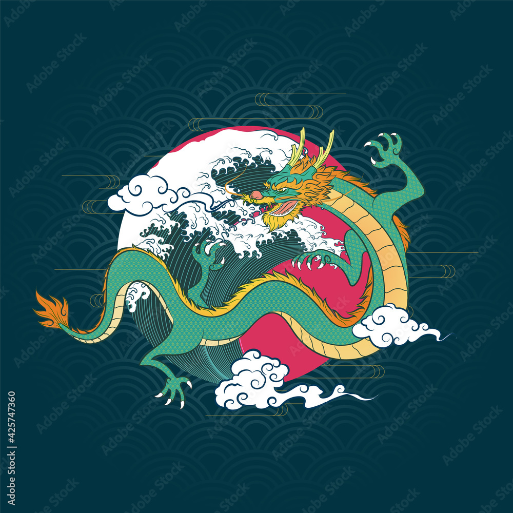 Seamless Art Japanese Repeat Pattern of Flying Dragon in the Circle of Red Sun with Green Torrential Wave Graphic on Deep Blue Water Wave Repeat Pattern Background Vector Design Wrapping Paper