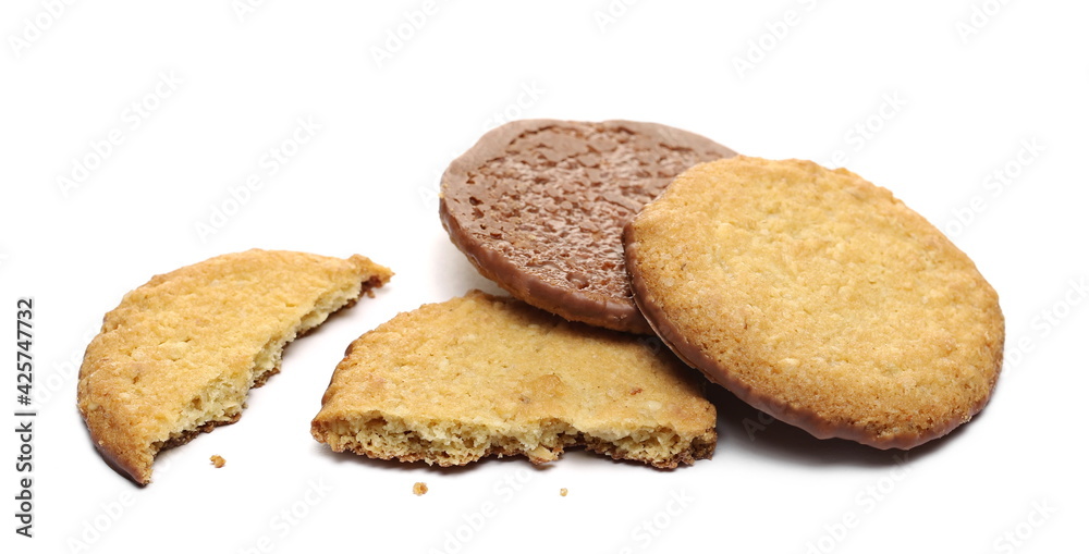 Oat cookies with milk chocolate and crumbs isolated on white background Oat cookies with milk chocolate and crumbs isolated on white background