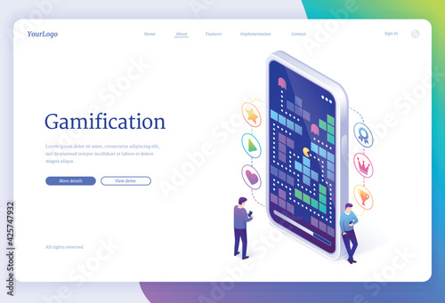Gamification banner. Interactive game application, online challenge for achievement success. Vector landing page of mobile app for contest or competition with isometric people and smartphone