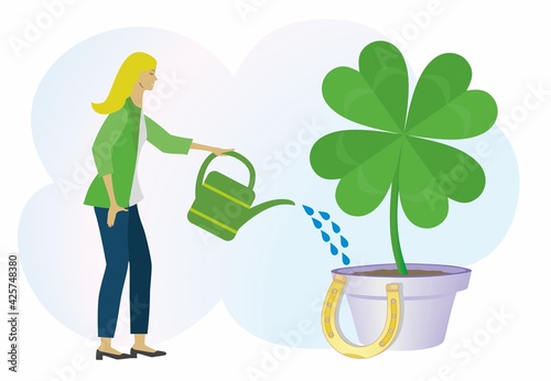 Improve your chance to big luck and success. Woman giving water to big four leaf clover. Vector illustration.