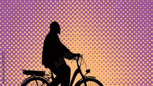 Pop art, retro comic style. A male cyclist on an e-bike rides against the backdrop of sunset. Black silhouette of an old man in profile. Active pension. Travel. Sport. Vector illustration, EPS 10.